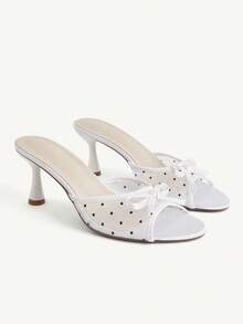 CUCCOO CHICEST Summer New Mesh Polka Dot Sandals Women's Round Toe Thin Heel Bow Breathable High Heels Outside Sandals - White - View 1