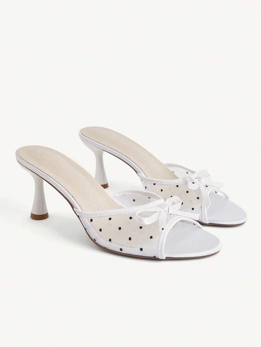 CUCCOO CHICEST Summer New Mesh Polka Dot Sandals Women's Round Toe Thin Heel Bow Breathable High Heels Outside Sandals - White - View 1