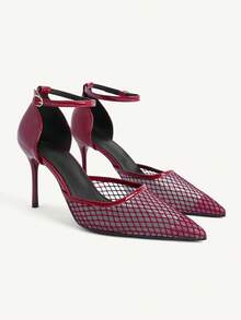 CUCCOO CHICEST Spring And Summer Grid Hollow Splicing Pointed Toe High Heel Elegant Patent Leather Mesh Yarn - Burgundy - View 1