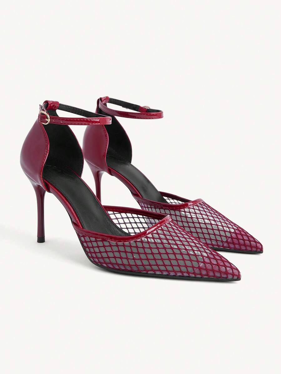 CUCCOO CHICEST Spring And Summer Grid Hollow Splicing Pointed Toe High Heel Elegant Patent Leather Mesh Yarn - Burgundy - View 1