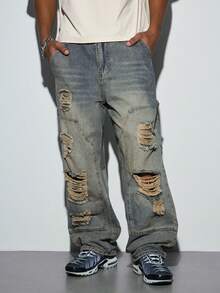 Modcrash Men's New Straight Leg Cat Whisker Distressed American Casual Denim Jeans - Bronze - View 5