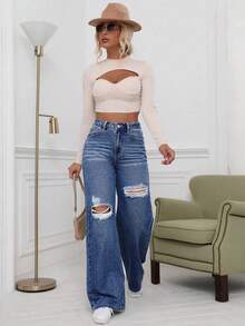 Jeanoix Große Größen Cowgirl Y2K 90er Jahre Staubblau Nicht-Stretch Distressed Gerade Bein Jeans Sommer Brunch Dates - Dunkle Waschung - Übersicht 4