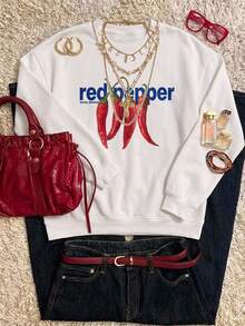 SHEIN EZwear 女款白色復古辣椒圖案圓領長袖衛衣，秋冬度假節慶上班穿搭 - 白色 - 查看 6