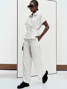Aveloria Modichic Women's Two Piece Set Fitted Waist Wide Leg Lapel Short Sleeve Belted High Waist Elegant Vintage White And Black Polka Dot Teachers' Day Office Summer - Multicolor - View 6