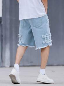 Manfinity Roghcode Men's Plus Size Casual Bermuda Denim Shorts With Pockets And Frayed Hem - Blue - View 2