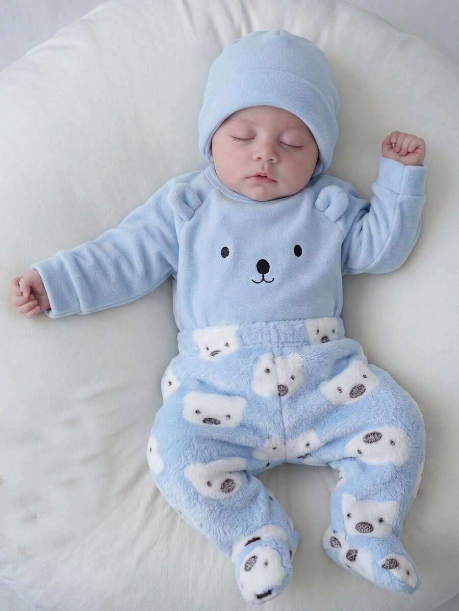 SHEIN Genkimix Kids 2 件装男婴舒适保暖羊毛泰迪熊图案连体衣和裤子家居服套装 - 藍色 - 查看 1