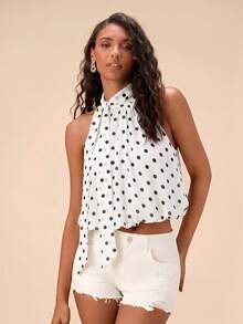 Travachic Blusa elegante de mujer con estampado de lunares y cuello de corbata, conjunto de verano para mujer, top elegante, top de lunares, top de verano - Blanco - Ver 4