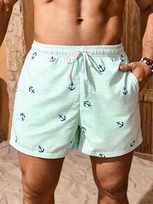Manfinity KASUA Pantalones cortos de playa de doble capa con cintura con cordón y rayas de ancla para vacaciones de hombres - Verde - Ver 4