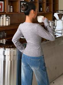 Muchica Women's Solid Color Overlap V-Neck Long Sleeve Button Design Sweater Brunch Grey Autumn Casual - Grey - View 2
