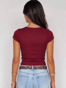 Lot de 3 T-shirts basiques pour femmes à col carré, côtelés, manches courtes, coupe ajustée - Rouge foncé - Voir 6