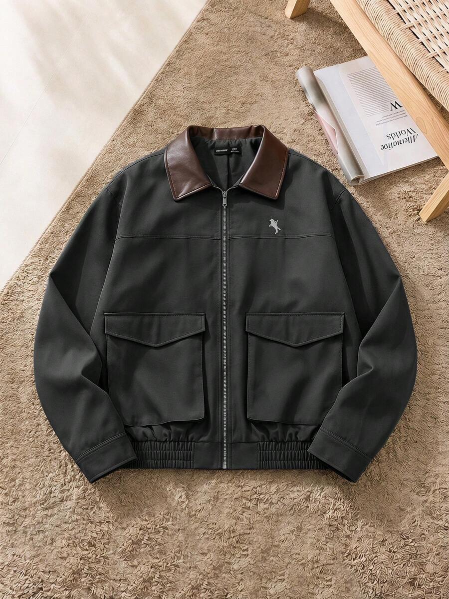 SWAVVY Men's Long Sleeve Woven Fashion Casual Loose Open Front Patchwork Jacket, Everyday Wear For Young, School, For Fall Winter - Black - View 1