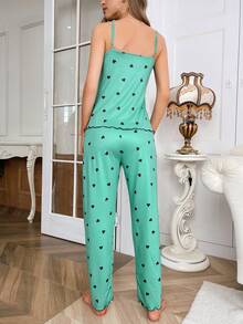 Bộ PJ trang trí ren in hình trái tim / Bộ Pyjama - màu xanh lá - Xem 2
