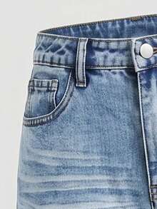 SHEIN Girlism 青少年女孩口袋寬腿鬆垮休閒百搭牛仔褲 - 淺色水洗藍 - 查看 4