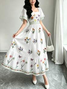 Modelyn 女款優雅花卉植物印花白色洋裝，時尚方領大荷葉袖小蓋袖洋裝，下擺拼接荷葉邊設計，波希米亞風女裝，適合夏季日常與外出穿著 - 彩色 - 查看 3