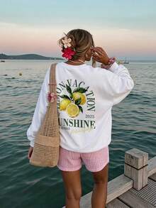 Muchica 女款休閒白色運動衫，檸檬印花，夏季服飾，外出，百搭，度假，海灘，適合日常通勤，約會，聚會，秋冬春夏，聖誕節，新年，感恩節，派對，婚禮，海灘，畢業典禮，時尚，優雅，休閒，外出，約會，約會，通勤 - 白色 - 查看 6