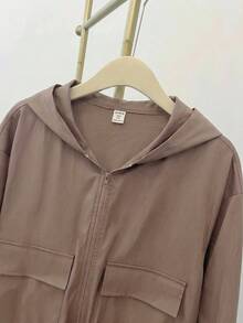 SHEIN Teen Girl Woven Solid Color Patch Pocket Short Loose Casual Hooded Autumn Winter Jacket , Holiday - Multicolor - View 11