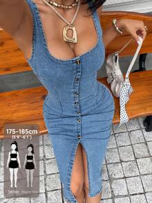 SHEIN Tall Women's Tall Fashion Casual Washed Denim Front Slit Denim Dress - Blue - View 1
