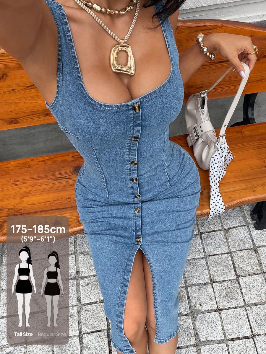 SHEIN Tall Women's Tall Fashion Casual Washed Denim Front Slit Denim Dress - Blue - View 1