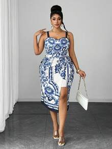 Maweii Rochie midi pentru femei mărimi mari, primăvară/vară, nouă, stil hot girl de vacanță, cu imprimeu floral albastru, bretele bandeau și talie cu șnur lateral, model slim, potrivită pentru vacanță la plajă, călătorii pe insule, fotografii de călătorie, îmbrăcăminte fashion stil hot girl - Multicolor - Vizualizare 3