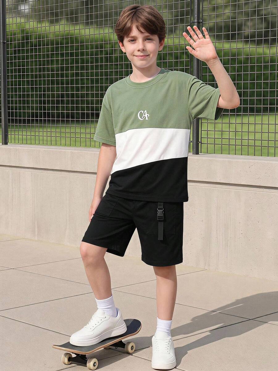 Casuvi Kids Bộ 2 món cho bé trai tuổi teen, áo thun in họa tiết khối màu và quần short có túi, thích hợp mặc hàng ngày và ngoài trời. - Nhiều màu - Xem 1