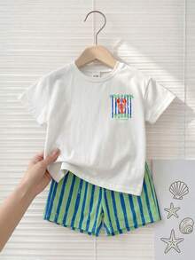 SHEIN Playful Pals 小龍蝦印花 2 件組幼兒夏季度假前後穿著 T-shirt，彈性腰條紋 S 號 - 彩色 - 查看 5