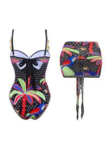 Swim Oasis Women's 2 Pieces Oasis Vacation Premium Set, Dodo Bird & Coconut Tree Print Positioned Print One-Piece Swimsuit & Skirt Set, Adjustable Straps, Oasis Women's One-Piece - Black - View 2