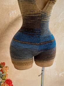 Soleia Women's Gradient Backless Halter Hooded Knit Romper Beach Vacation Blue Striped Autumn Breezy European Tropical - Multicolor - View 4