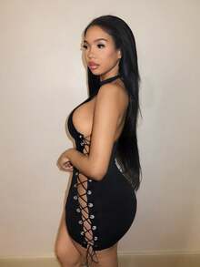 BamGleam Fashion Sexy Backless Halter Hollow Tie Ring Solid Color Mini Dress - Black - View 4