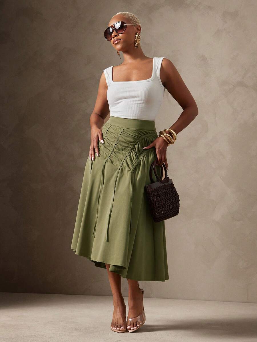 Vixey Lightweight Woven Gathered High Waist Skirt, Resort Wear, Beach To Dinner, Resort Chic, Vacation Ready, Cruise , Vacation - Green - View 1
