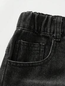 SHEIN Explorewe 女童舒適水洗柔軟復古街頭風無彈力寬鬆寬腿牛仔中長褲，薄款春夏適用 - 黑色 - 查看 8