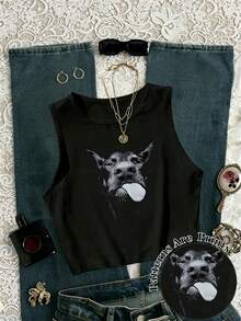 INAWLY Women Dog Print Casual Versatile Top - Black - View 1