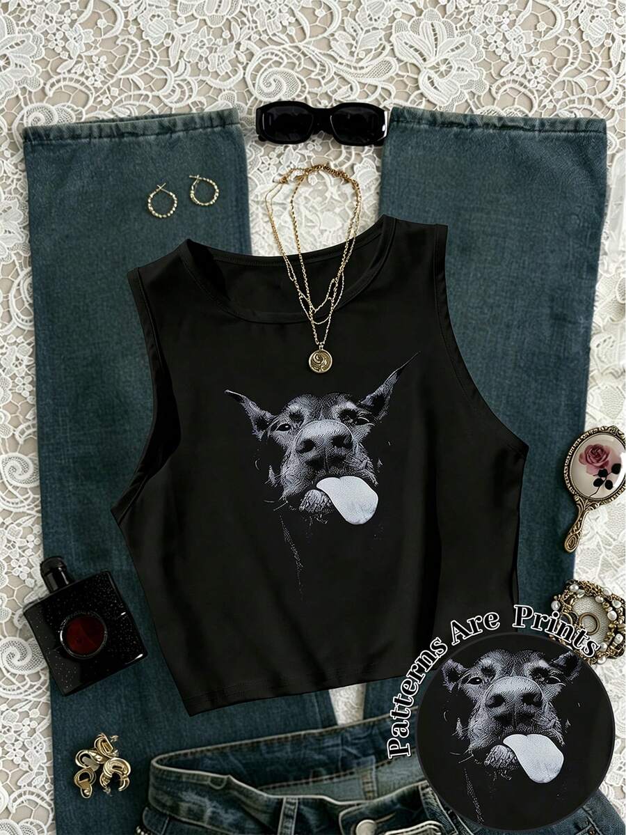 INAWLY Women Dog Print Casual Versatile Top - Black - View 1