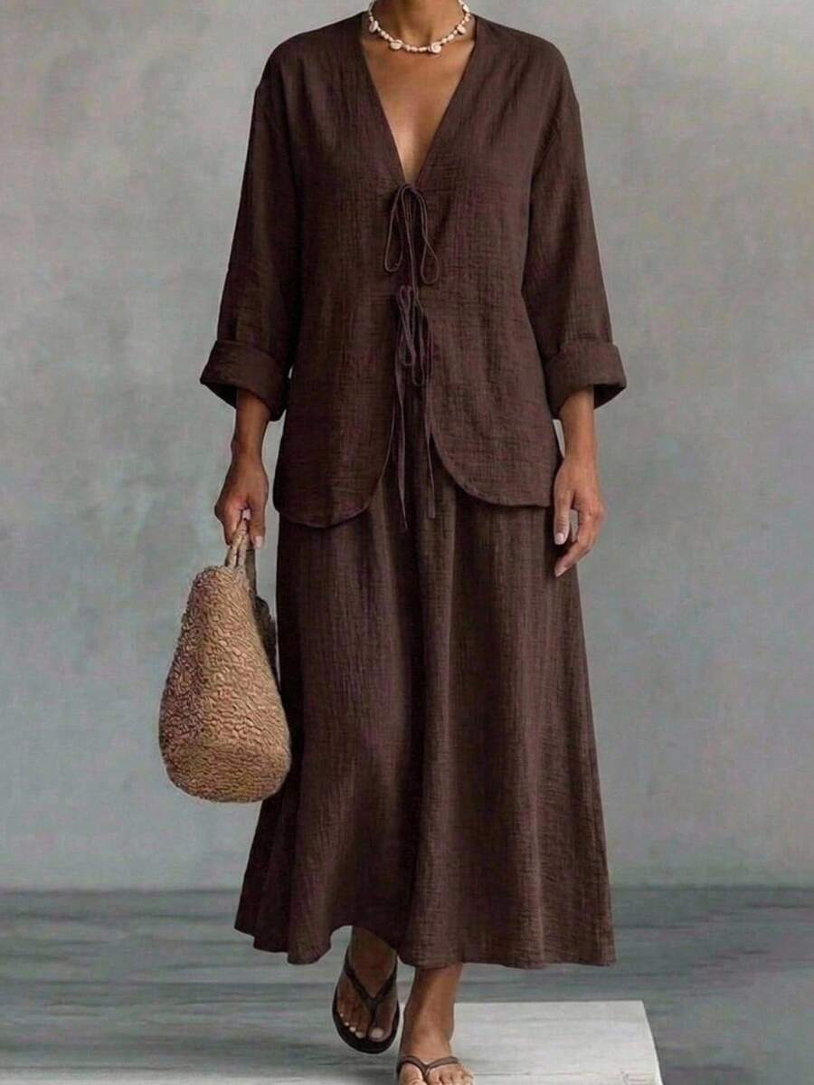 DAZY Setelan Linen Vintage Minimalis Musim Semi & Musim Panas untuk Wanita, 2 Potongan, Kemeja dan Rok Longgar Kasual - Coklat - View 1