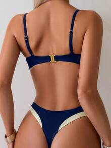 Oceva 2pcs Women's Solid Color Patchwork Minimalist Casual Summer Beach Vacation Bikini Set - Navy Blue - View 2