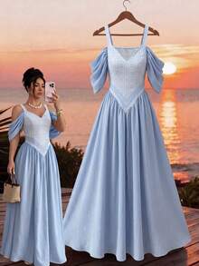 Elenzga Elegant Romantic Exquisite Women's Spaghetti Strap Sexy Off-Shoulder Print A-Line Vacation Dress - Dusty Blue - View 4