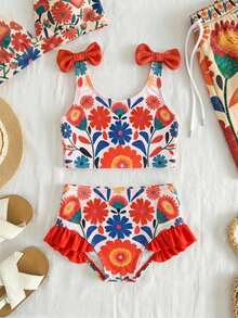 SHEIN Conjunto de Bikini con Decoración de Lazo y Estampado Floral para Niñas Jóvenes - Multicolor - Ver 1