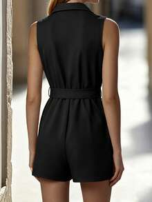 EMERY ROSE Women's Solid Color Lapel Casual Sleeveless Romper - Black - View 2