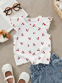 SHEIN LMoss Kids 女嬰休閒時尚卡通圖案可愛荷葉袖圓領上衣，適合春夏穿著 - 彩色 - 查看 6