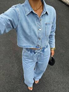 SHEIN 2Pcs Teen Girl Loose-Fitting Long-Sleeved Shirt And Adjustable Drawstring Jeans Black To School - Blue - View 5