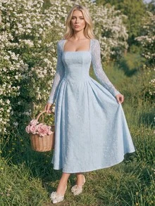 Swim Mod Light Blue,Wedding Guest Lace Patchwork 3D Embossed Floral Square Neck Long Sleeve A-Line Princess Gown Vintage 1800 Reception Dress Party Elegant - Blue - View 5