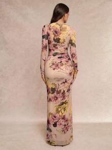 Silquee 女款花卉印花圓領長袖抓皺修身優雅洋裝 - 彩色 - 查看 2