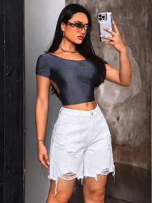 SHEIN Tall 女款破舊磨損毛邊口袋鈕扣牛仔短褲，適合高個女性 - 白色 - 查看 6