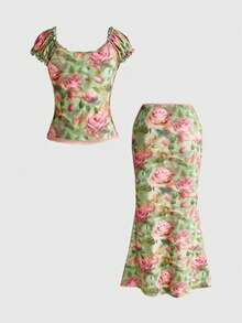 Sweetness Set 2 Potong Atasan dan Rok Motif Bunga Leher V Berkerah V untuk Gadis Manis di Awal Musim Gugur - MultiWarna - View 2