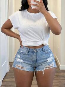 Slaydiva Camiseta casual de verano con decoración de strass para tallas grandes - Blanco - Ver 10