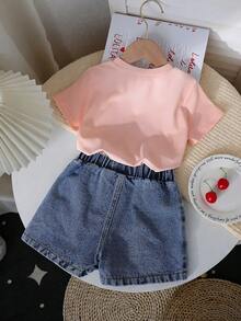 SHEIN Playful Pals 女童夏季新款蝴蝶結印花短袖T恤上衣 + 蝴蝶刺繡短褲 2件套 - 粉色 - 查看 2