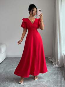 SHEIN Elenzya New Vintage Spring/Summer French Elegant Fashion Vacation Design V-Neck Double Layer Ruffle Sleeve Cinched Waist A-Line Long Dress, Casual Daily Wear, Suitable For Beach, Designed For Women - Burgundy - View 8