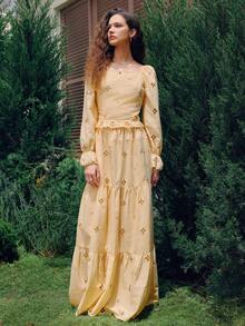 SHEIN Women's Spring/Autumn Yellow Hollow Embroidery Square Neck Ruffle Hem Short Top & Layered Long Skirt 2-Piece Set, Elegant Casual Outfit With Ruffle Cuff Design For Dating, Weekend And Outing - Yellow - View 4