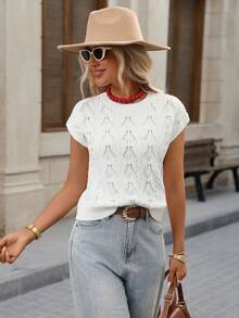 Brillora Women's Solid Color Hollow Out Round Neck Short Sleeve Knit Top, Summer, All White Casual French Basic Preppy Back-To-School Everyday - Apricot - View 6
