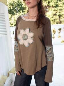 Ananda Vibes 秋冬波西米亚风度假休闲拼接长袖宽松水洗女式印花T恤 - 綠色 - 查看 3