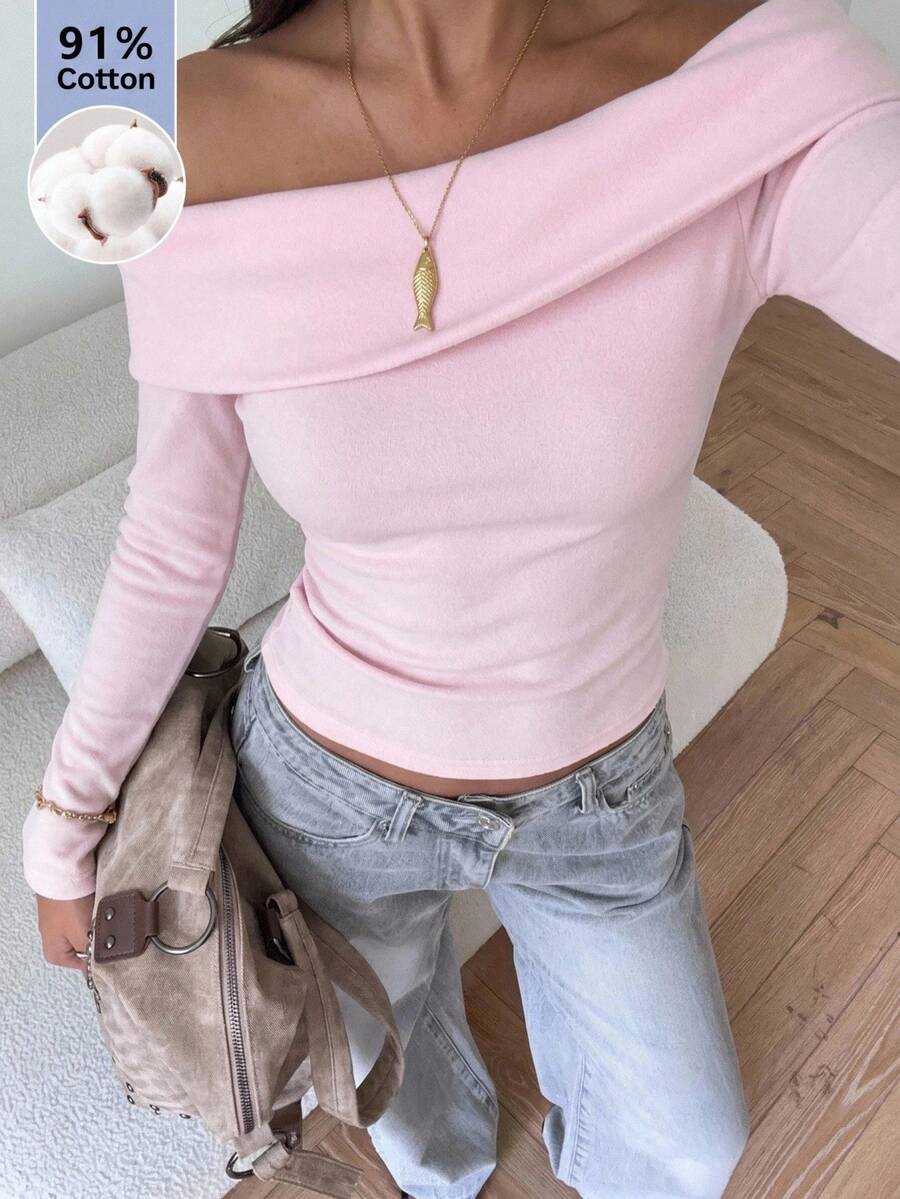 SHEIN EZwear 粉色针织露肩修身T恤（女款） - 粉色 - 查看 1